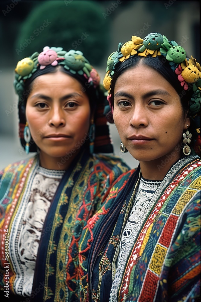 Fototapeta premium Indigenous South American women looking at camera. Generative AI vertical shot
