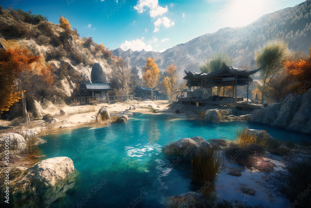 A relaxing day at a natural hot spring with mountain views