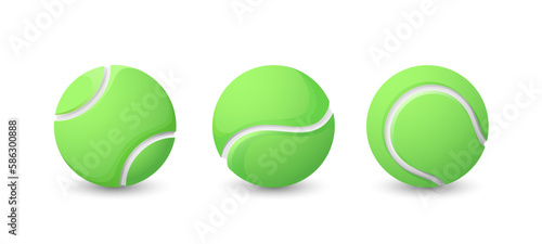 Set of three green tennis balls. Sport equipment collection. Tennis balls isolated on white background. Vector illustration.