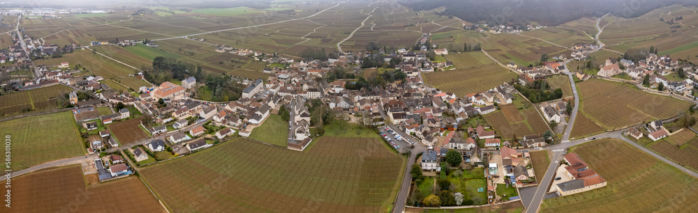 Aerial around the village Gevrey-Chambertin in France on a cloudy afternoon in late winter.