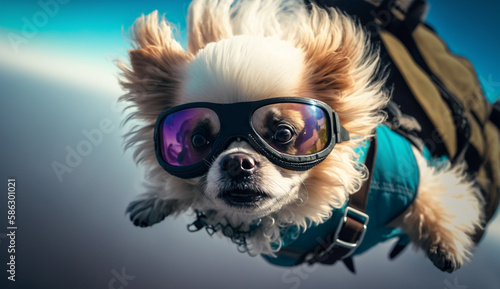 Closeup portrait of an excited looking pekinese dog skydiving through the air in free fall, with a cloudy blue sky as the backdrop. Made with generative AI.