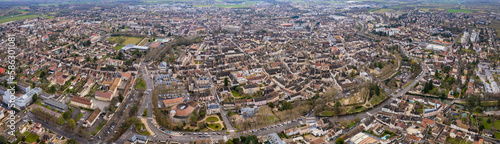 Aerial around the city Beaune in France on a morning in late winter.
