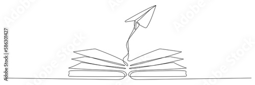 Book with flying paper airplane continuous line drawn. Education linear symbol. Vector illustration isolated on white.