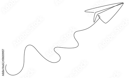 Paper airplane flight continuous line drawing. Vector illustration isolated on white.