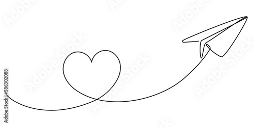 Paper airplane flight continuous line drawing. Heart linear shape path. Vector illustration isolated on white.