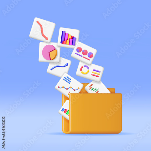 3D File Folder full of Pie Diagram and Arrows. Render Stock Pie Growth or Success. Financial Item, Business Investment, Financial Market Trade and Reports. Money and Banking. Vector Illustration