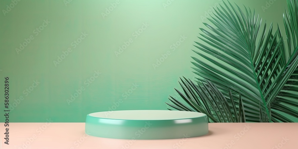 Empty podium, natural mock up display, blank eco plants stand cosmetic product fashion ads on minimal palm leaves green background. Luxury pedestal nature mockup scene platform ai generative Empty podium, natural mock up display, blank eco plants stand cosmetic product fashion ads on minimal palm leaves green background. Luxury pedestal nature mockup scene platform ai generative