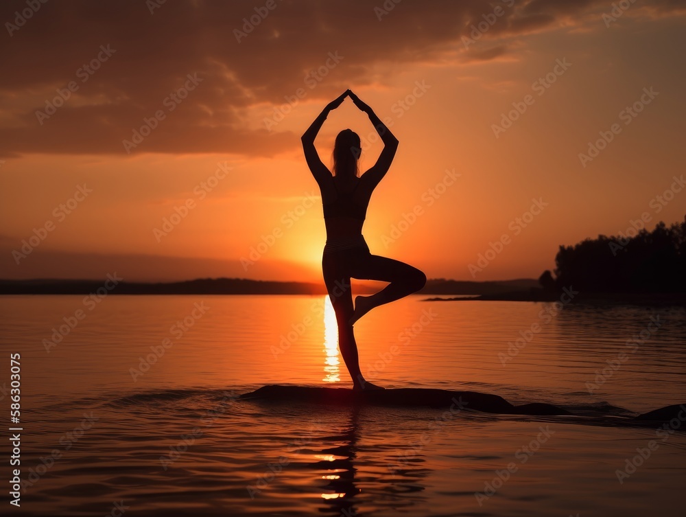 silhouette of a woman doing yoga on the beach