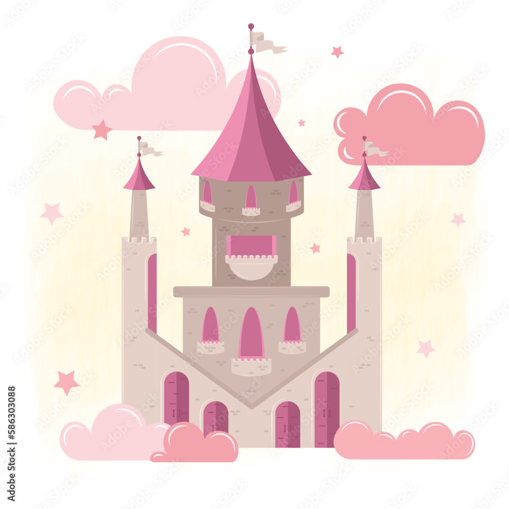 Isolated magical castle Clouds and stars Vector illustration