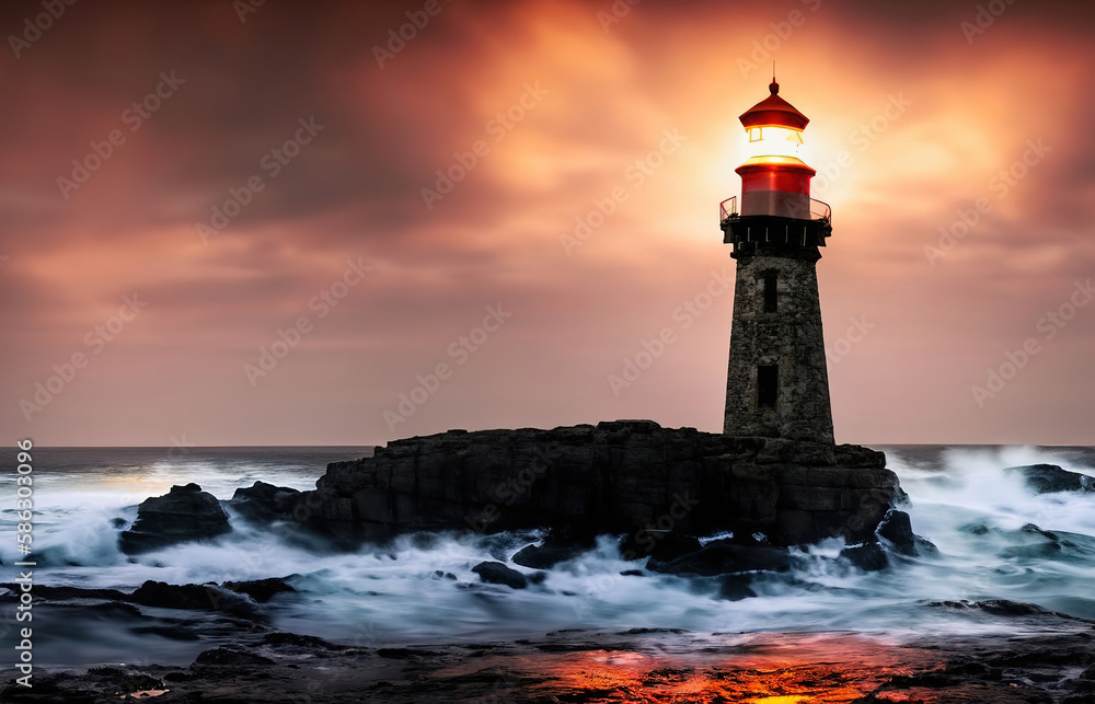 lighthouse in the night sky- Created with Generative AI Technology