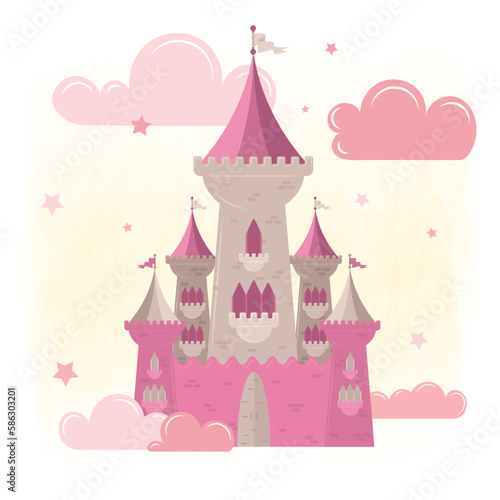 Isolated magical castle Clouds and stars Vector illustration