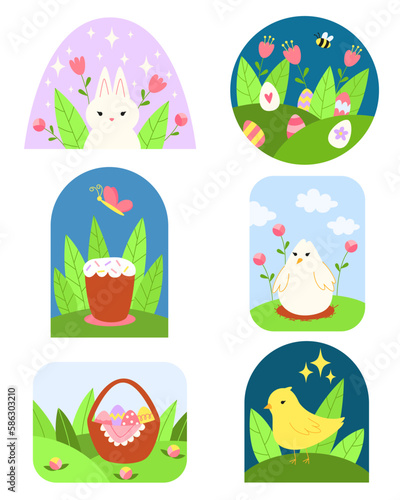 Set spring easter cute animal characters and garden elements. Cartoon easter bunny, eggs in basket, flowers, easter cake, chickens and birds.