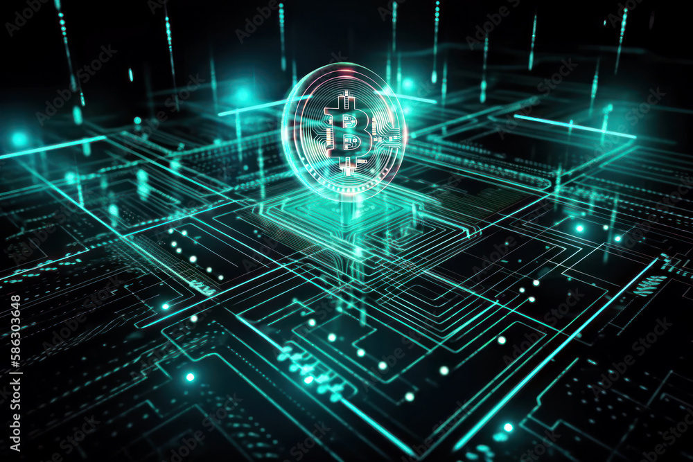 Fototapeta premium Cryptocurrency floating in green cyberspace, Generative AI