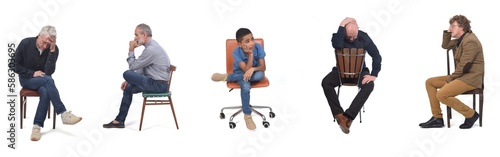 Photography group of men sitting and thoughtful on white background