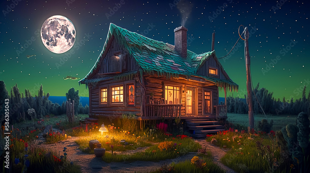 Fantasy Animation Movie Style Landscape - Wooden Cabin at a Jungle, Under the Full Moon And The Starry Night. Generative AI.