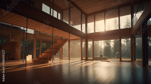 Modern 3D Rendered Minimalist Architecture: Luxury Living with Natural Materials, Large Windows and Panoramic Forest Views for Relaxation and Wellness