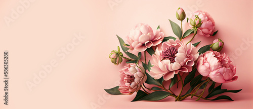 Spring peony flowers on pink pastel background top view in flat lay style. Greeting for Womens or Mothers Day or Spring Sale Banner. Generative Ai. © ckybe