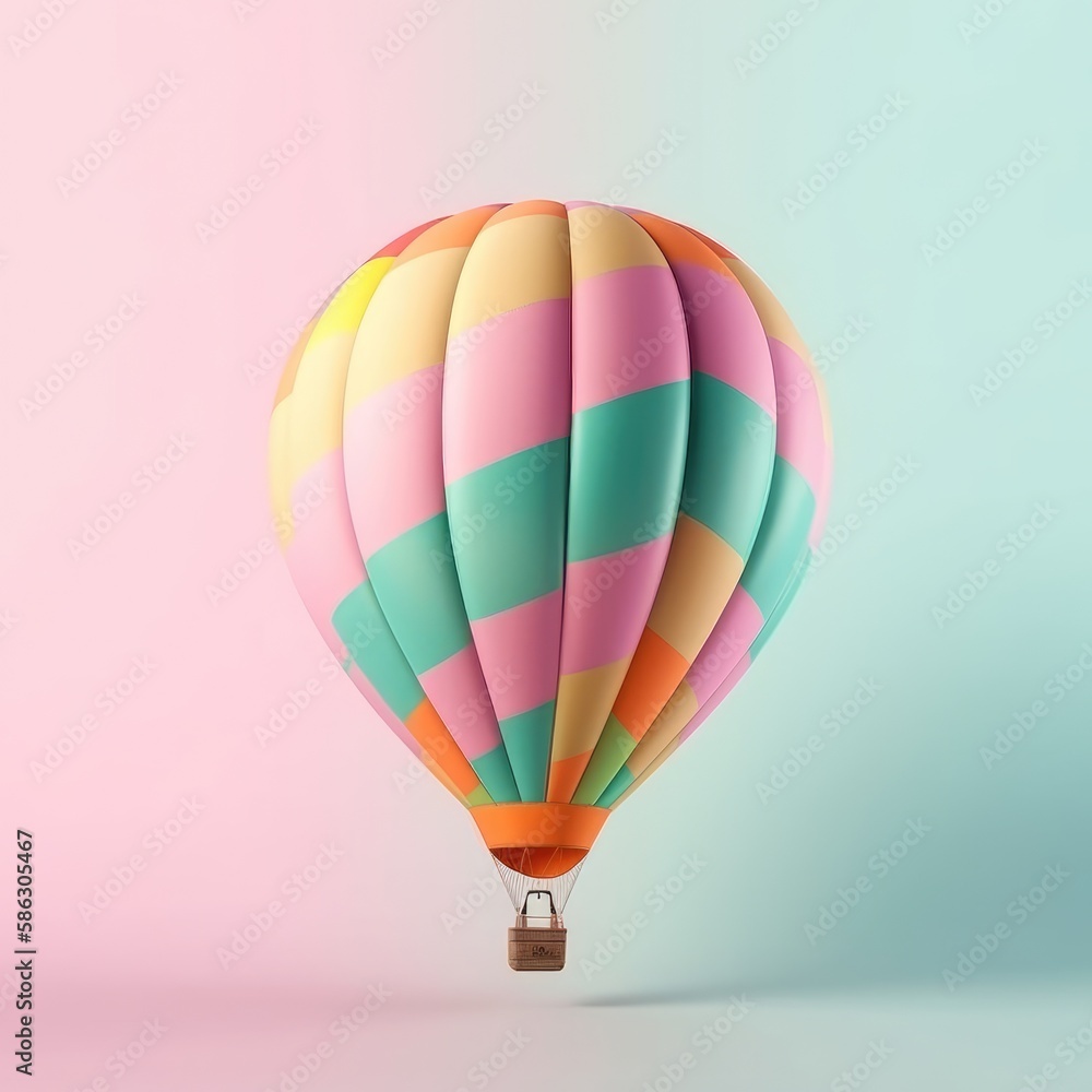 Fototapeta premium Colorful hot air balloon in pastel background. Travel and adventure concept symbolizing freedom and excitement. Generative AI