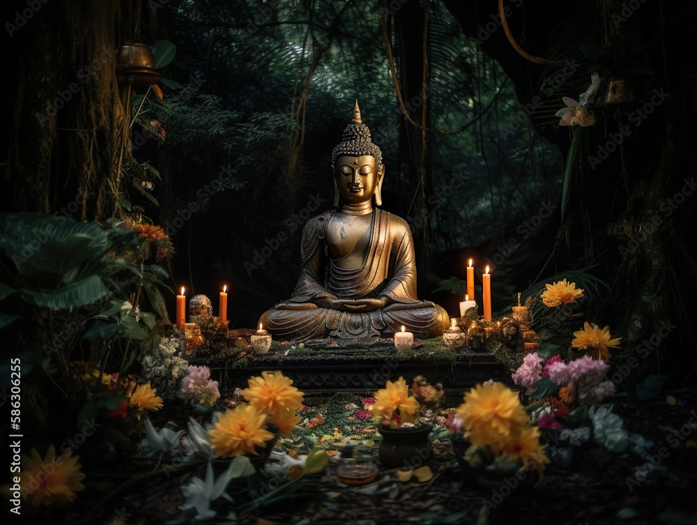 Une statue dorée de Bouddha en position de méditation, entourée de fleurs de lotus et de jasmin. Generative AI