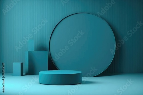 Empty podium, mock up placement display, blank beauty stand for cosmetic product fashion ads on minimal turquoise color background. Luxury pedestal stage mockup scene platform ai generative concept.