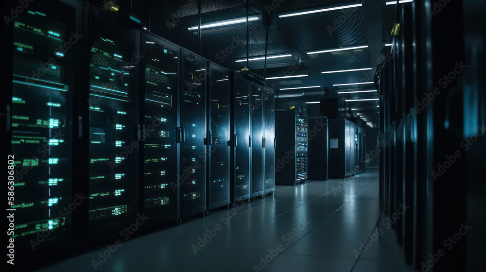 Network and internet communication technology concept, data center interior, server racks with telecommunication equipment in server room Network and internet communication technology concept, data center interior, server racks with telecommunication equipment in server room