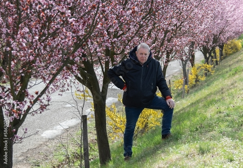 Portrait of a senior person among of trees of cherry blossom