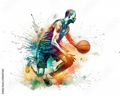 Sport abstract. Basketball watercolor splash player in action with a ball isolated on white background. AI generated illustration.