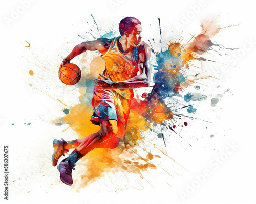 Fototapeta Naklejka Na Ścianę i Meble -  Sport abstract. Basketball watercolor splash player in action with a ball isolated on white background. AI generated illustration.