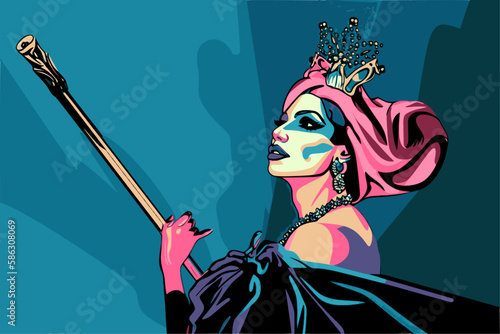 Pageant race or Drag queen winner: man dressed up as a woman with scepter and crown on a blue banner, performance art