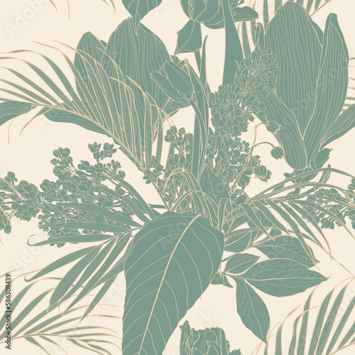 Exotic flowers and palm leaves illustration. Line blue beige seamless pattern.