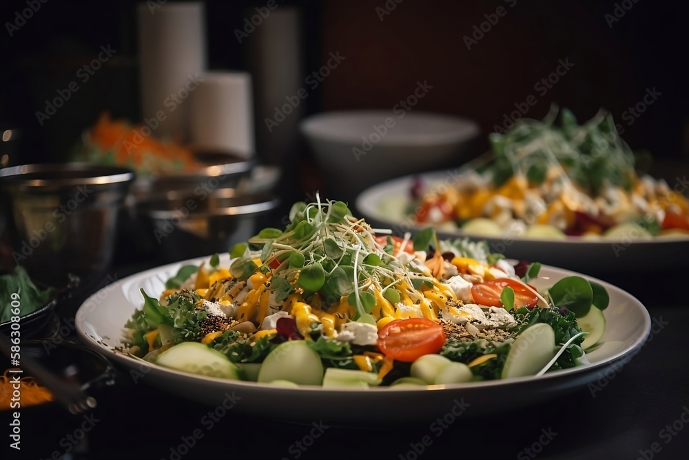 Healthy Salad on Table: Top View of Delicious Vegetables and Greens in a Restaurant Healthy Salad on Table: Top View of Delicious Vegetables and Greens in a Restaurant