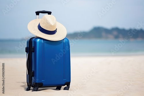 Blue suitcase on the beach, travel concept Generative AI