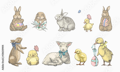Hand Drawn Cute Easter AnimalsVector Illustrations Set. Little Rabbits, Ducks Chicken and Lamb with Ribbons and Easter Eggs Color Sketches Collection. Spring Holiday Engraving Style Drawings Isolated