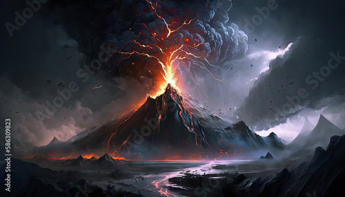 volcano erupting with lava, smoke, ash, dark and stormy sky, lava flows into a river, steam and bubbles (created with Generative AI)