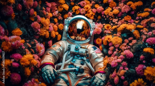 astronaut laying down in field of vibrant colorful flowers and plants (created with Generative AI)