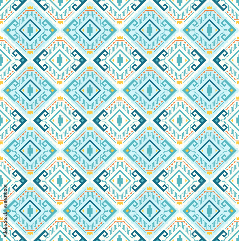 Fototapeta premium Pattern seamless background vector blue color style. Aztec fabric pattern.