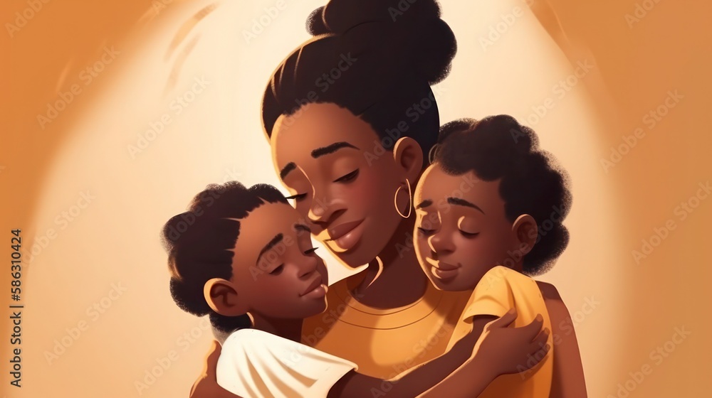 Mother's day, African-American mother tenderly embraces her children, generative ai Mother's day, African-American mother tenderly embraces her children, generative ai