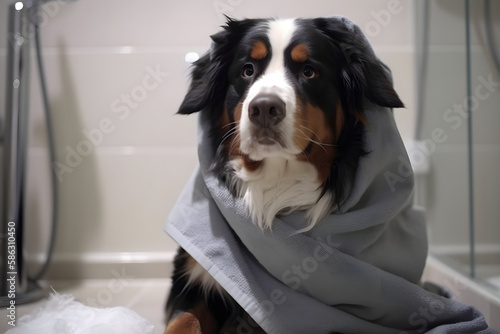 Bernese mountain dog is dried off with the towel after the bath in the bathroom, pets indoors, close-up, generative AI.