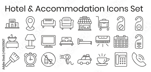 Hotel Icon Set Vector Outline Black and White, Accommodation Icons Set Line Style