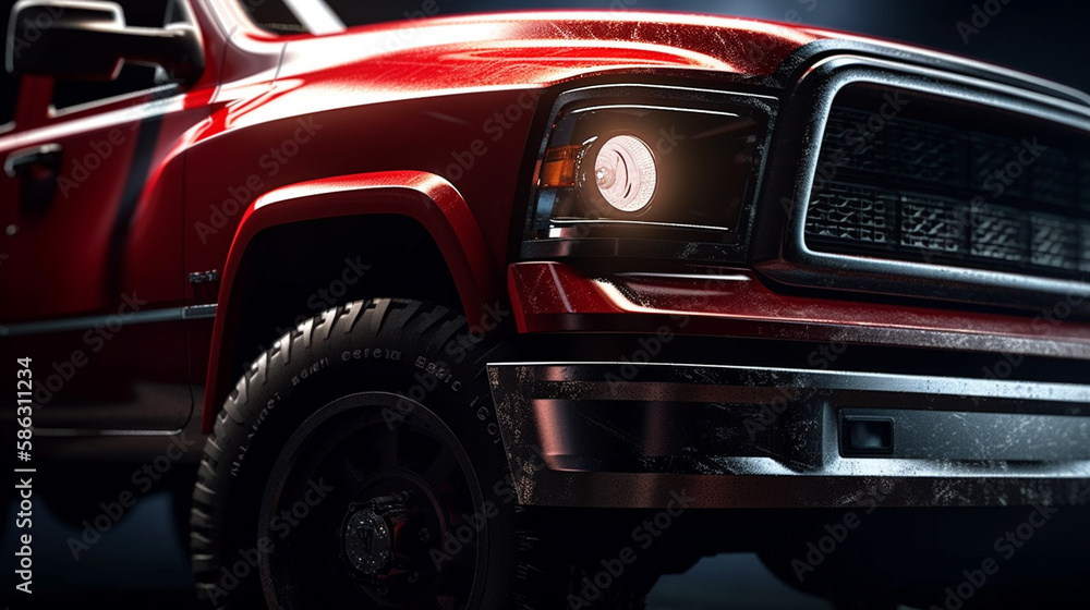 Closeup on front of generic and unbranded cars red 4x4 truck, generative ai illustration