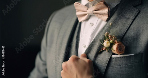 Obraz na plátně A man in a stylish suit with a watch on his arm fixes a bow tie.