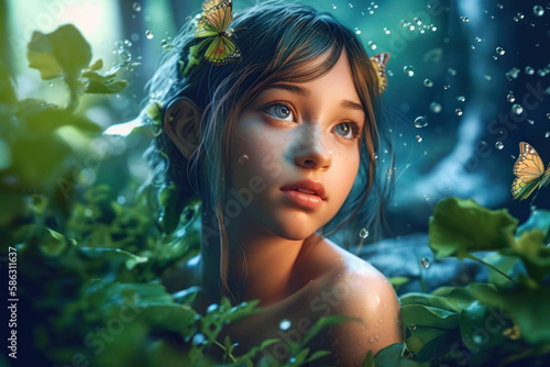 Fairy girl dressed up with flowers and plants, Generative AI