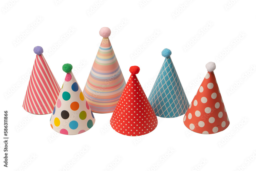 A group of bright and colorful birthday caps isolated on a white background.