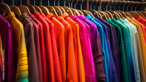 Colorful clothes on racks with hangers in a fashion boutique