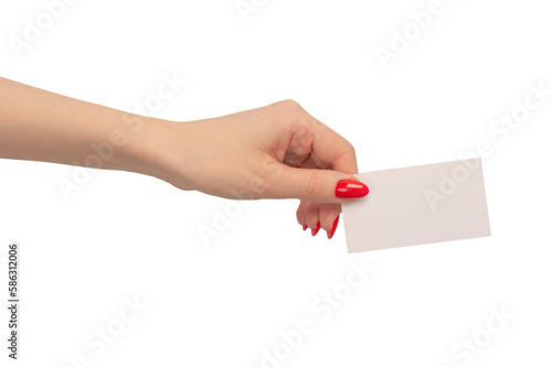 Empty card in woman hand with red nails isolated on a white background.
