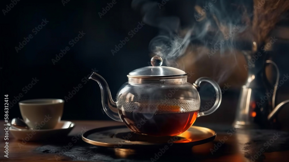 A glass teapot with a cup of coffee on the table. A glass teapot with a cup of coffee on the table.