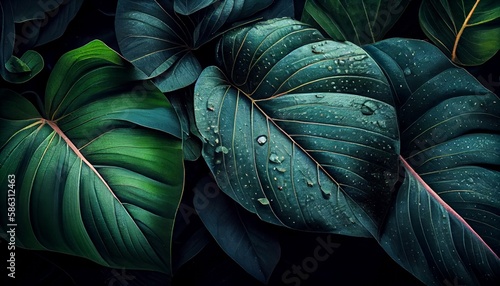 Closeup nature view of green leaf and palms background. Flat lay  dark nature concept  tropical leaf