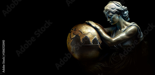Sad Lady of Justice holding World Globe represents  awareness of global issues and empathy for humanity's grief and suffering caused by imbalance and injustice in the legal system.  Generative AI.  photo
