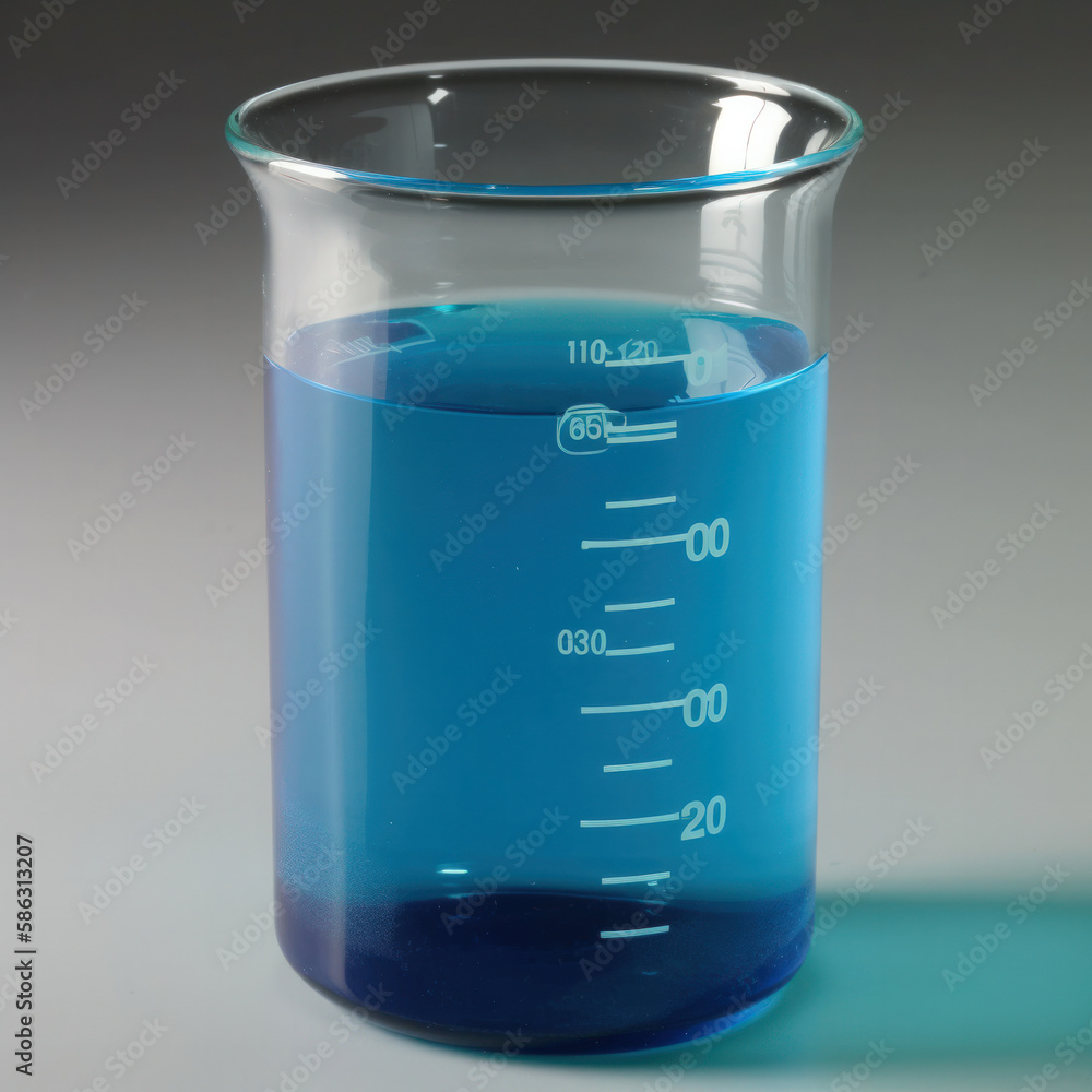 Un liquide bleu dans un bêcher gradué sur un fond uni Un liquide bleu dans un bêcher gradué sur un fond uni