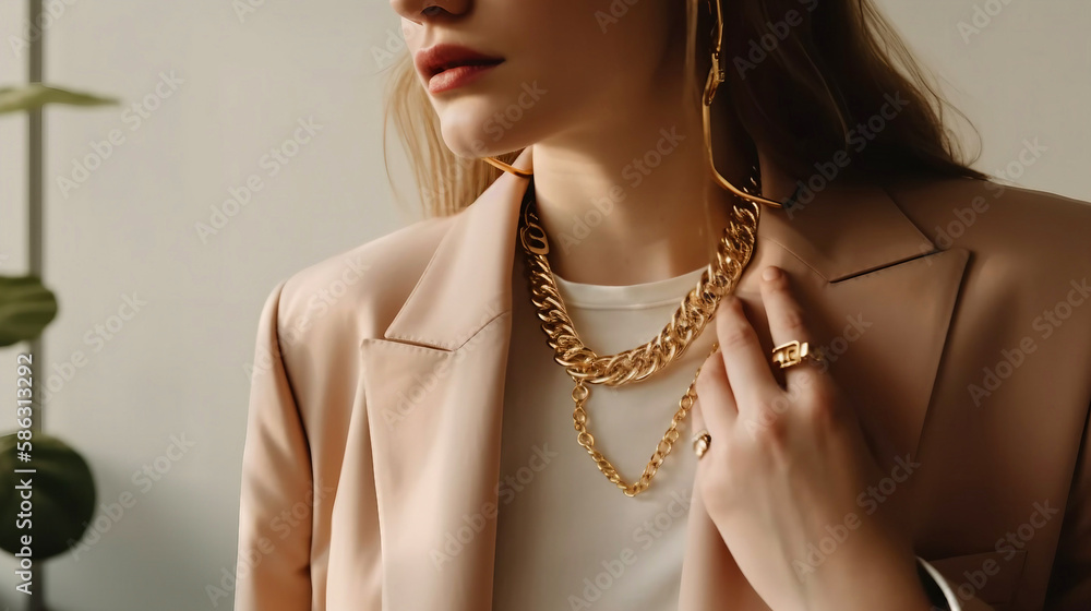 Woman in a light beige jacket wearing a golden chain necklace